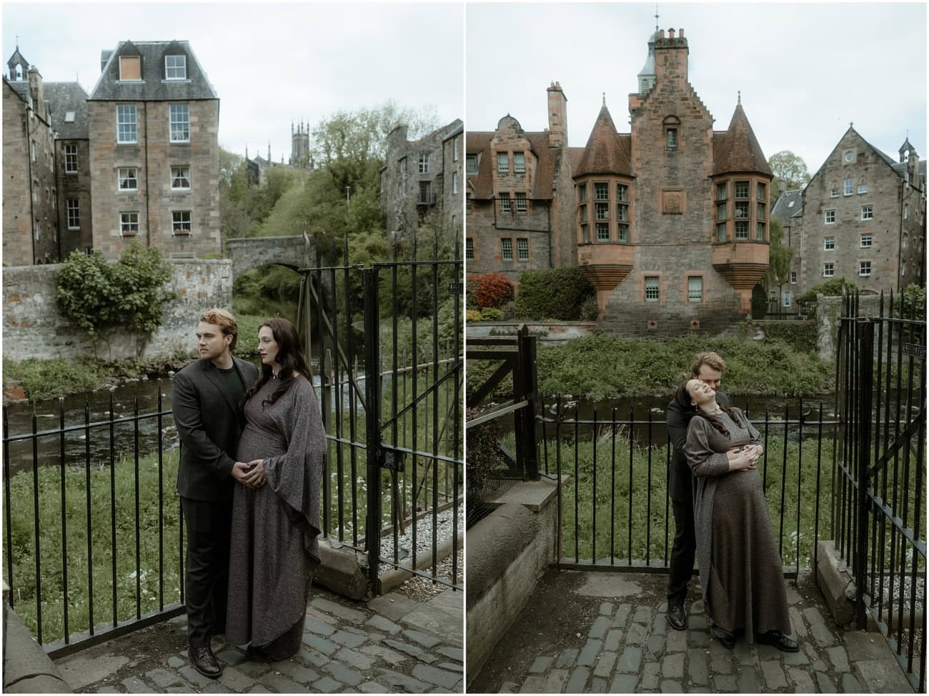 Diptych of couple by iron gate overlooking Water of Leith and embracing with Well Court building behind in Dean Village Edinburgh