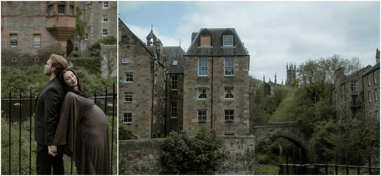 Diptych of couple leaning back to back and a landscape view of Dean Village bridge and stone buildings along the Water of Leith