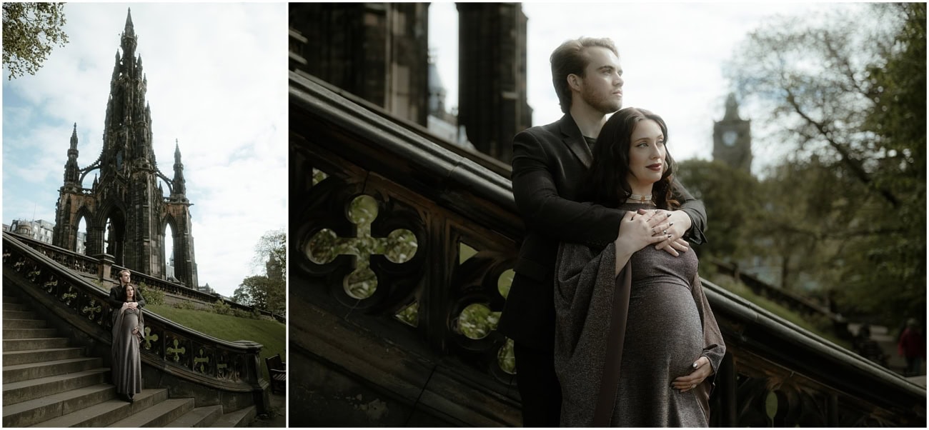 Diptych of couple on Scott Monument steps and close-up embracing with Balmoral clock tower behind, dark academia Edinburgh maternity shoot