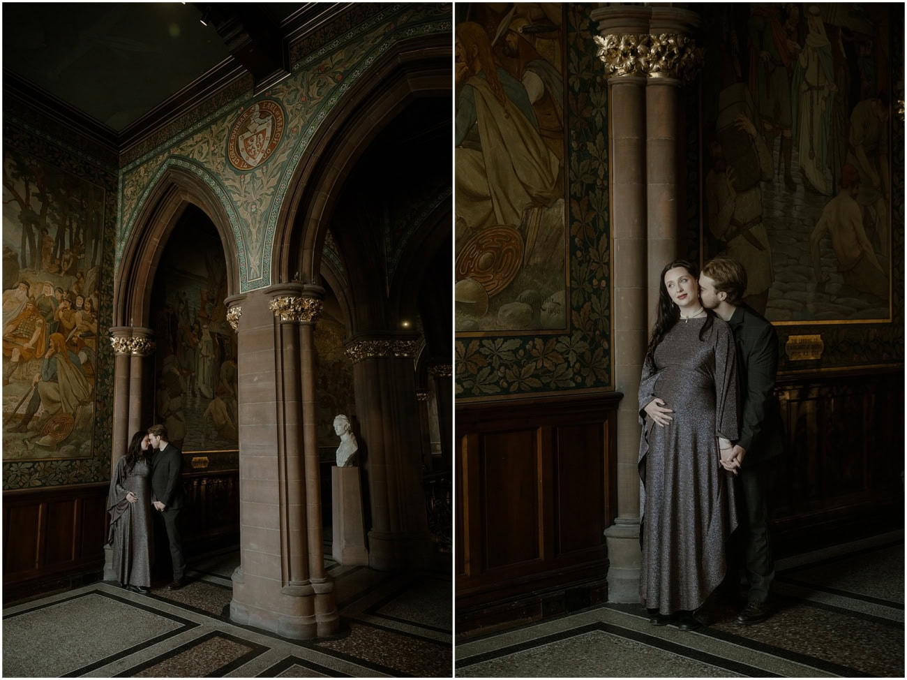 Diptych of couple kissing under a gothic arch and tender moment by an ornate column in the Scottish National Portrait Gallery