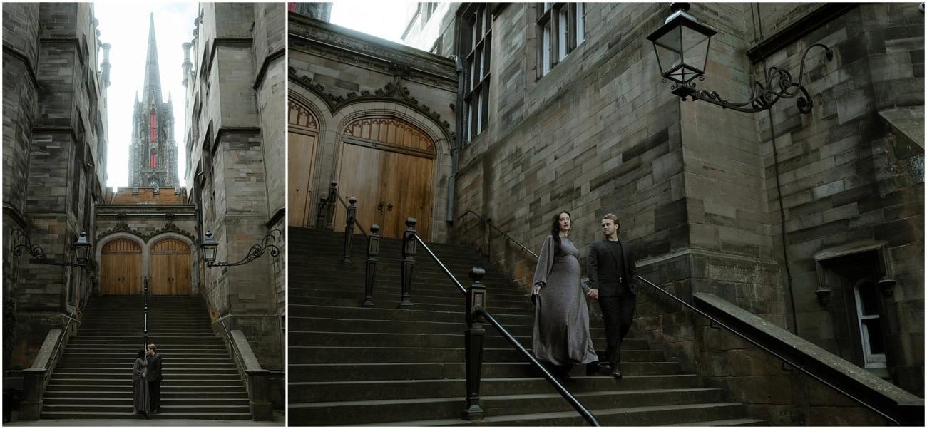 Diptych of couple at the foot of a grand gothic Edinburgh staircase and walking down stone steps of the New College (Divinity College)