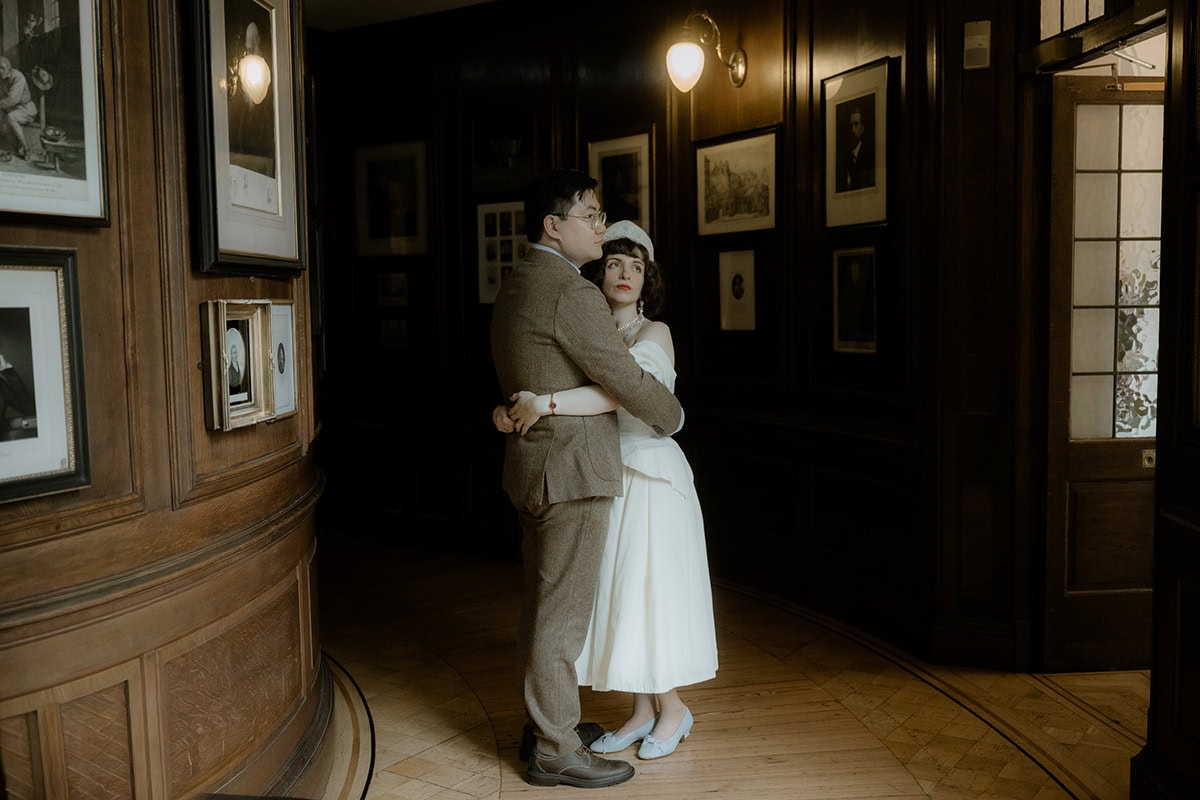 intimate edinburgh wedding dark academia corridor portrait