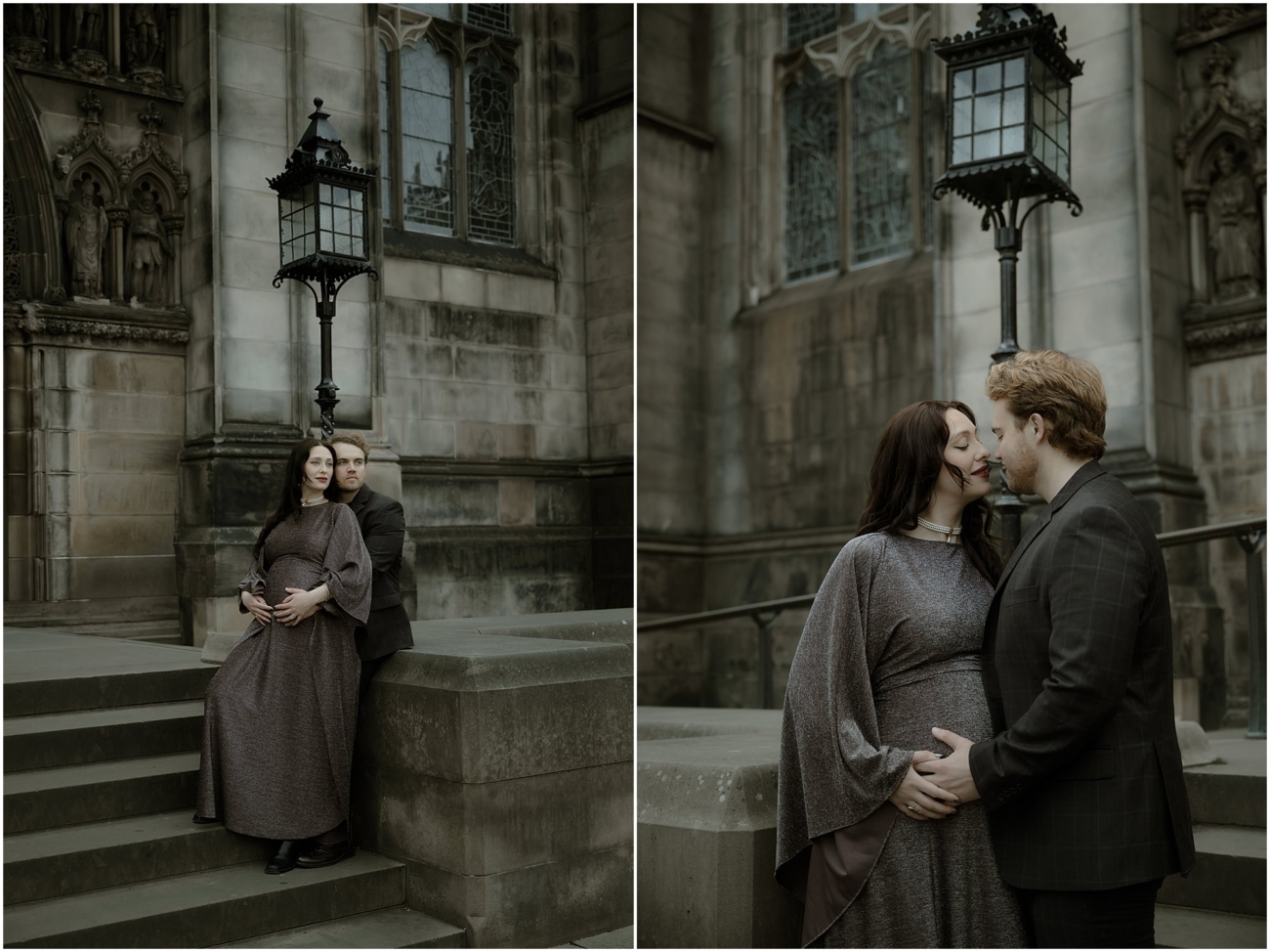 Diptych of couple sharing a tender moment on the Royal Mile steps, St Giles Cathedral Edinburgh gothic architecture