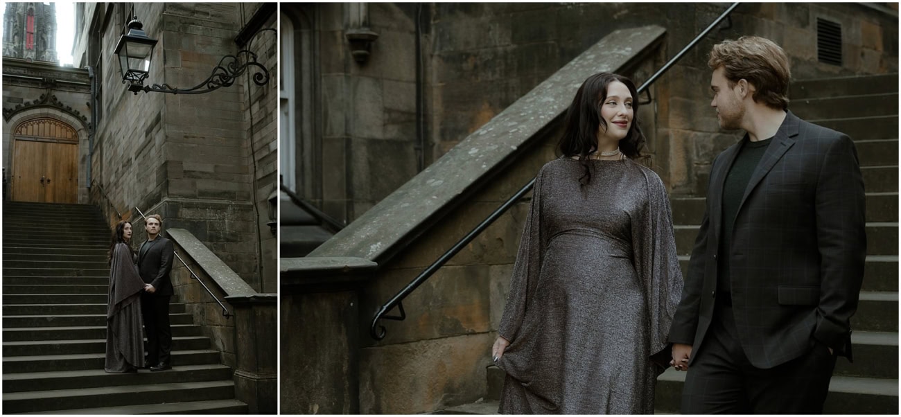 Diptych of couple on gothic Edinburgh stone steps with cathedral spire behind and close-up holding hands on the steps of Divinity College