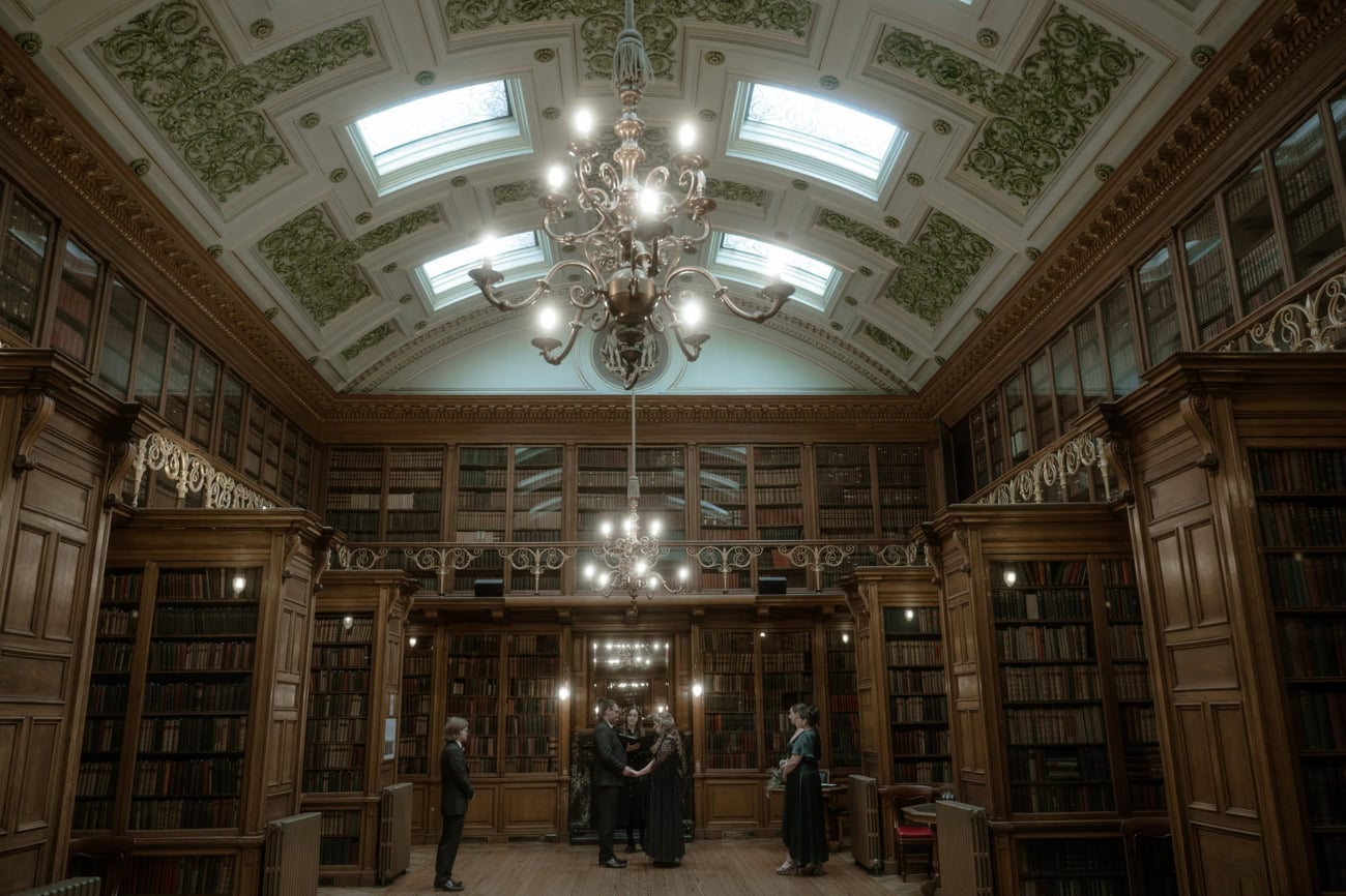 Weddings at the Royal College of Physicians Edinburgh: everything you need to know 1 Wedding ceremony in the New Library at the Royal College of Physicians Edinburgh, with floor-to-ceiling bookshelves, ornate chandeliers and skylights