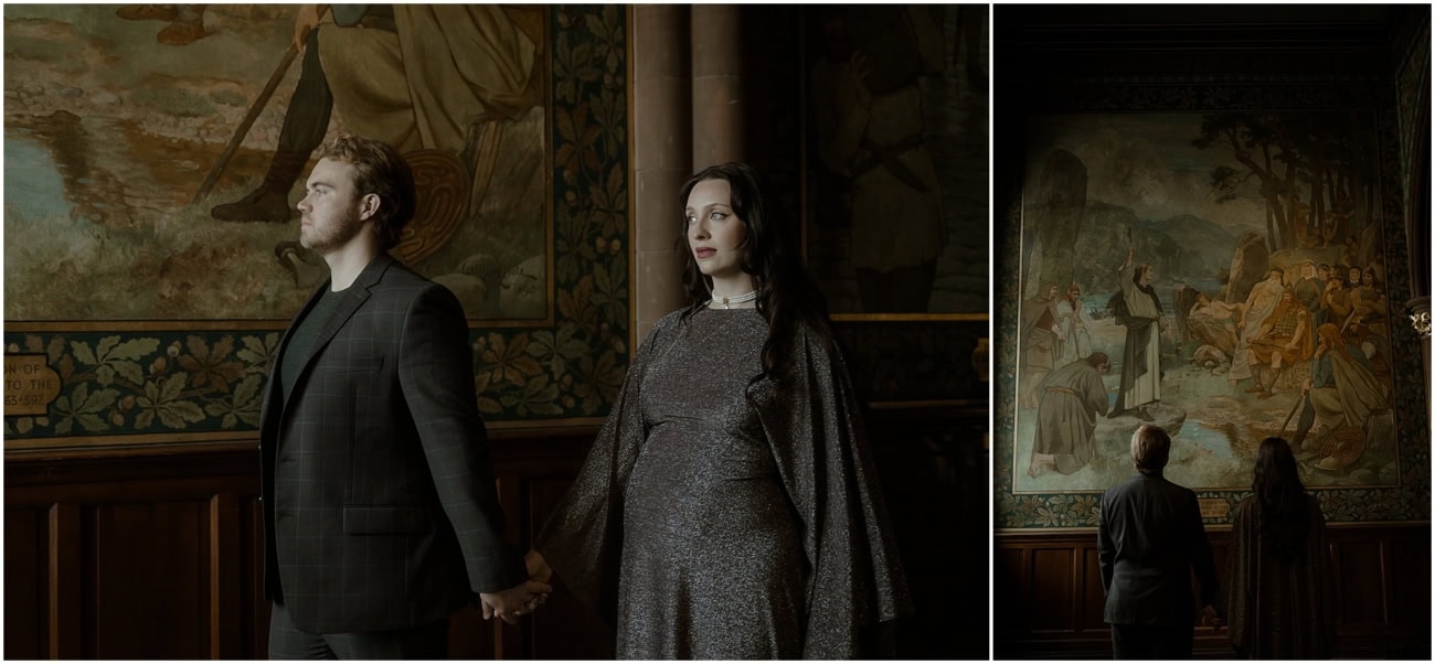 Diptych of couple holding hands beside William Hole murals and viewing historic paintings in the Scottish National Portrait Gallery Edinburgh