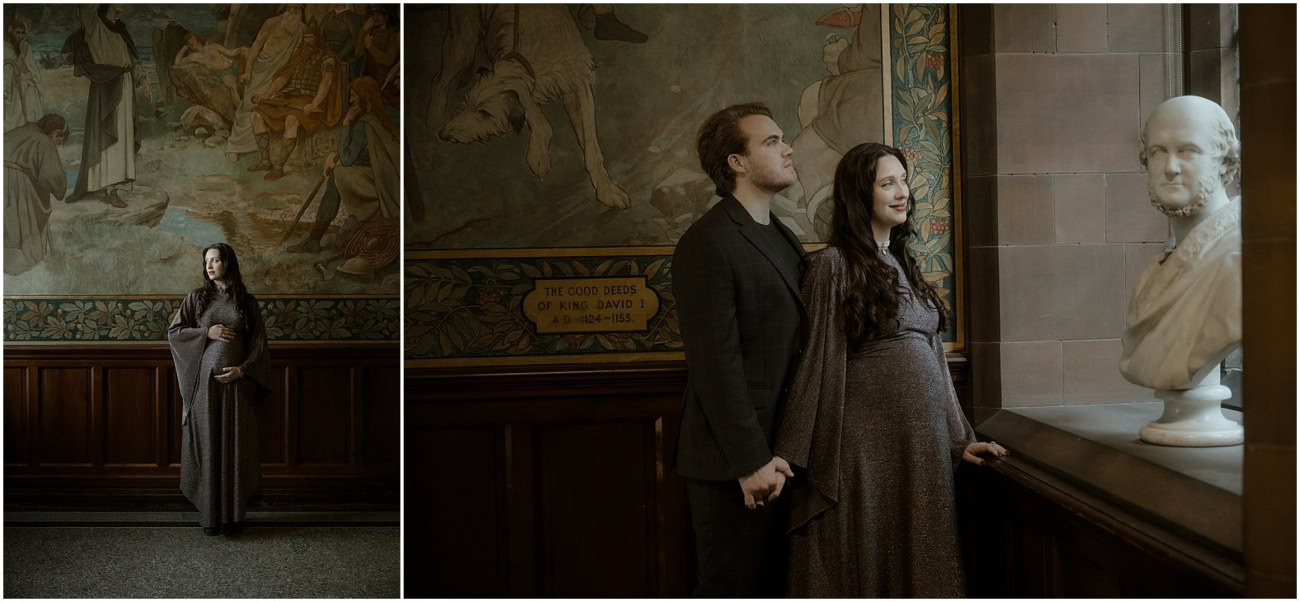 Couple standing small beneath a soaring gothic arch and historic mural in the grand interior of the Scottish National Portrait Gallery Edinburgh