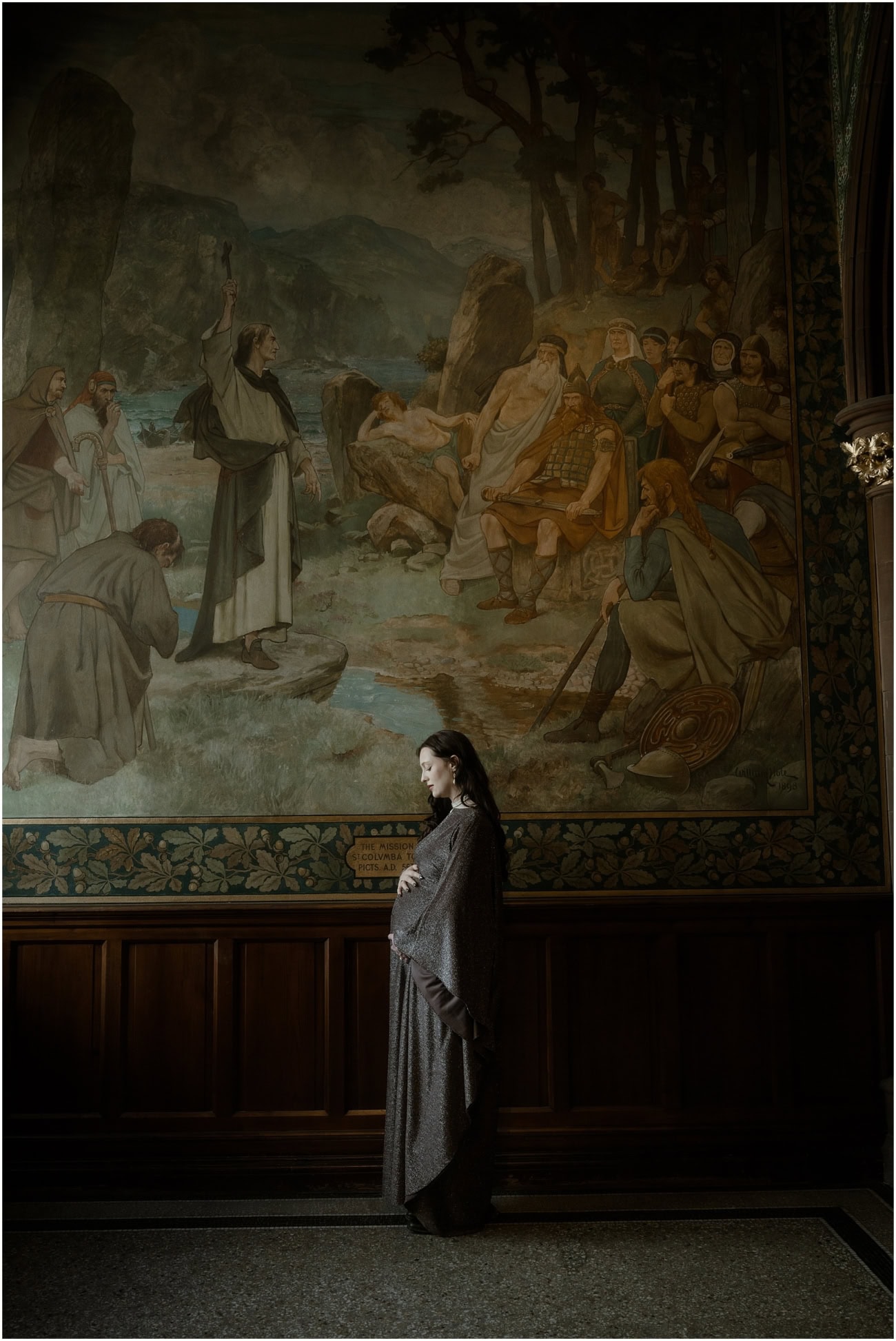 Diptych of solo maternity portrait and couple holding hands beside the King David I mural in the Scottish National Portrait Gallery Edinburgh