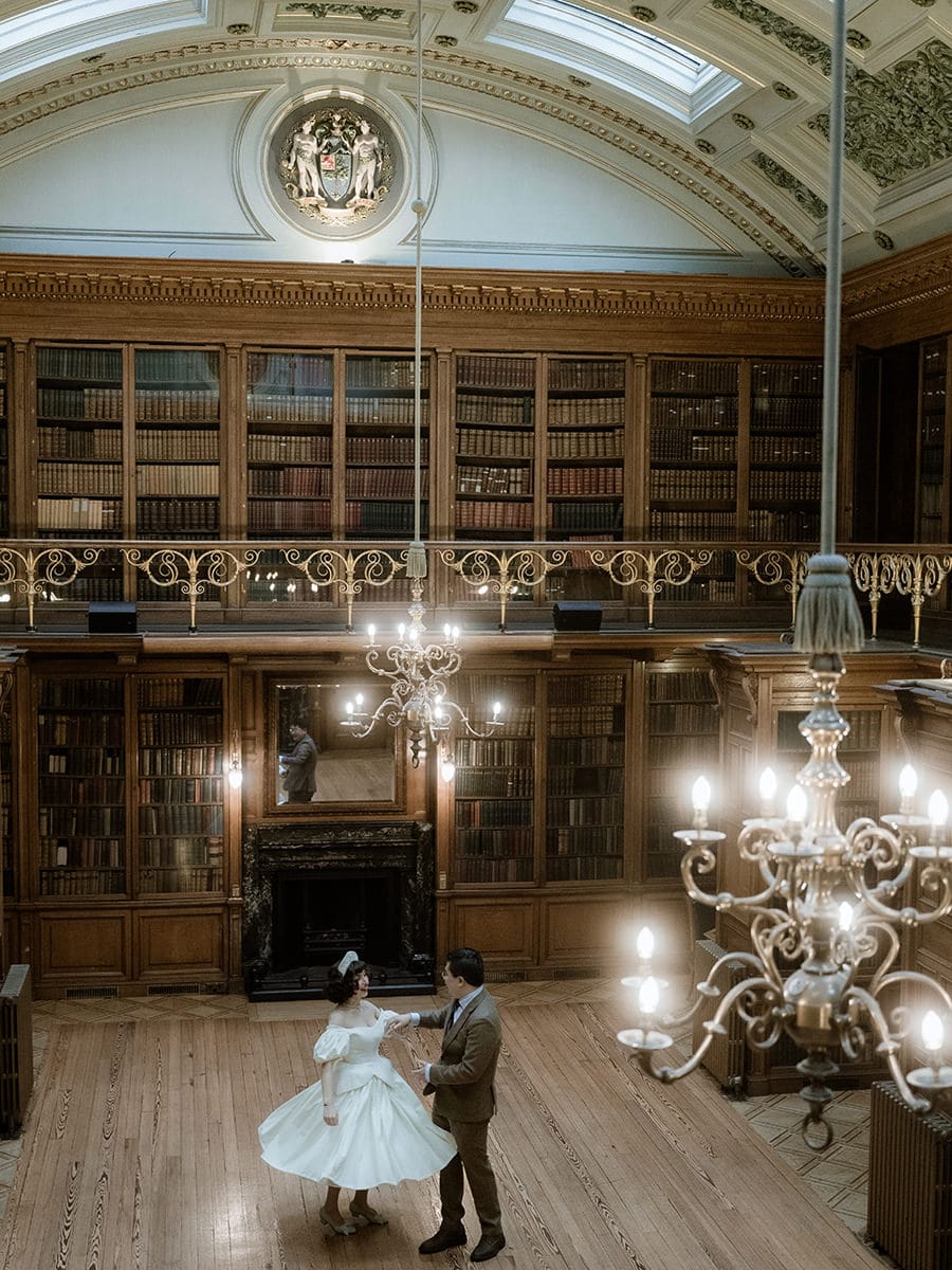 vintage elopement first dance edinburgh library wedding venue